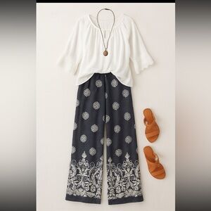 Blue and White Patterned Wide-Leg Pants